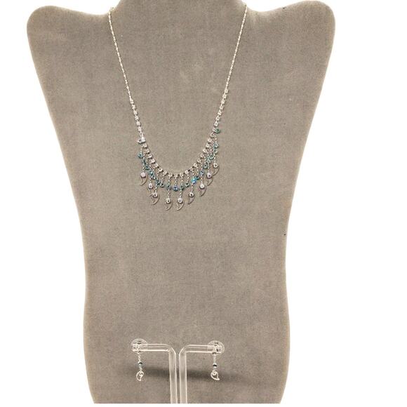 Rhinestone Necklace Earring Set Paisley Drops AB Clear Aqua Silver Tone - Picture 1 of 8